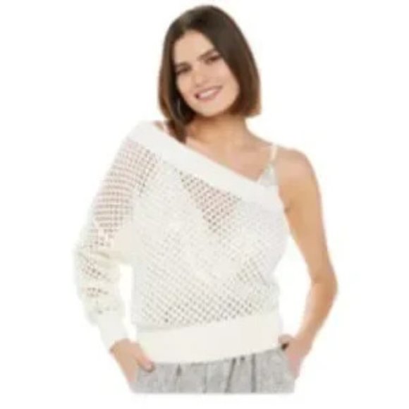Jennifer Lopez Sweaters - NEW Jennifer Lopez Women's Net Like Fishnet Crochet One Shoulder Knit Sw…